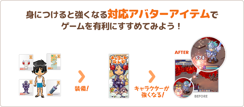 身につけると強くなる対応アバターアイテムでゲームを有利にすすめてみよう！